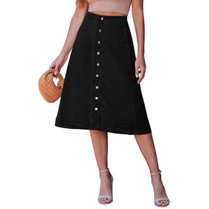 Nouvelle Arrivée 2026 Jupe Droite en Jean Noir pour Femme, Taille Empire, Boutons sur le Devant, Deux Grandes Poches, Décontractée, Été, Anti-statique - Product Image 1