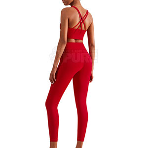 Conjunto de yoga de 2 piezas para mujer, color rojo, top corto con cuello redondo y espalda cruzada, leggings de cintura alta y largo completo, sin costuras, a cuadros, transpirable - Product Image 2