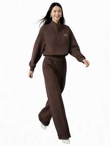 Conjunto Deportivo de Otoño para Mujer ONETEN, Estampado, Marrón, con Cierre de Cremallera de un Cuarto, Manga Larga, Corte Holgado, Pantalones Anchos, Dos Piezas - Product Image 1