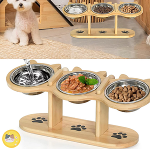 Natural Bamboo Elevated Pet Stand S/M/L Eco-Friendly <b>Raised</b> <b>Cat</b> Dog Feeder 304 SS Ceramic Dishes Custom OEM - Product Image 4