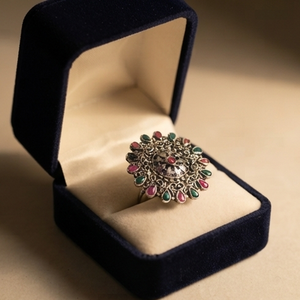 DIVYORO VINTAGE OXIDIZED <b>SILVER</b> INLAY ETHNIC STATEMENT <b>RING</b> with PINK & GREEN STONE ACCENTS - Product Image 3