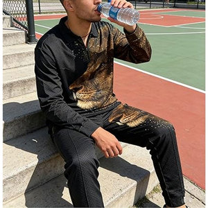 Ensemble de survêtement pour homme à imprimé lion, sweat-shirt à manches longues et demi-zip et pantalon de jogging, tenue décontractée d'automne, motif animalier, coupe classique - Product Image 4