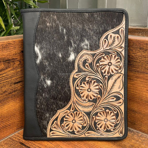 A4 Size Hand Tooled Padfolio <b>Folder</b> Capacity Pockets Business Card Slot Data Document <b>Organizer</b> Agenda Conference Zipper <b>Folders</b> - Product Image 2