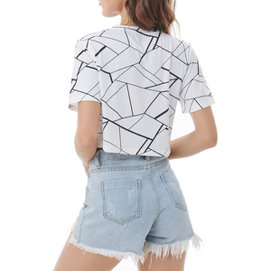 Camiseta Corta Blanca con Estampado Geométrico para Mujer, Cuello Redondo, Manga Corta, Informal, Tejida, para Primavera/Verano - Product Image 3