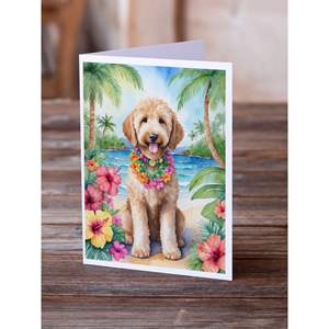 Whimsical A7 Tamaño 5x7 Tarjetas de nota en blanco Paquete de 8 tarjetas de felicitación Goldendoodle Luau con sobres - Product Image 2