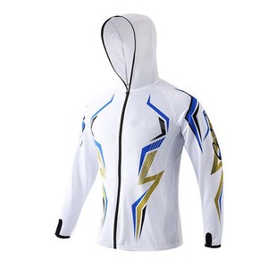 Veste de pêche à capuche pour homme, imprimé géométrique blanc, bleu et or, protection UPF 50 anti-UV, fermeture éclair, manches longues, vêtement d'extérieur - Product Image 1
