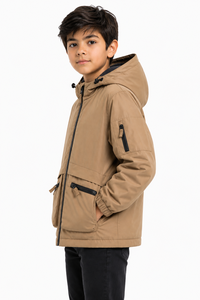 Veste d'hiver à capuche pour garçons Livster, marron kaki, fermeture éclair intégrale, coupe-vent d'extérieur, plusieurs poches zippées, veste décontractée chaude pour enfants - Product Image 2