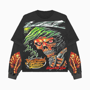 Camiseta de doble capa de mezcla de algodón, negra, con gráfico de vida silvestre, diseño de logotipo personalizado con impresión en relieve, camiseta elegante de doble capa para hombre - Product Image 6