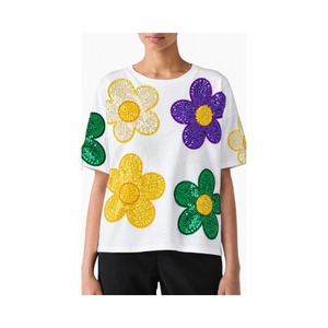 Elegante Camiseta Morada con Lentejuelas de Cocodrilo para Mardi Gras, para Mujer, Holgada, con Hombros Caídos, Manga Corta, Cuello Redondo, Informal, Top de Verano - Product Image 3