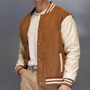 Veste varsity en daim marron pour homme avec manches crème, col rabattu, fermeture boutonnée, vêtement décontracté pour l'automne - Product Image 6
