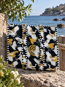Crane Print Handmade Tote <b>Bag</b> | Quilted Cotton Shoulder Tote <b>Bag</b> In Black, White & Mustard |Large Everyday Travel & Shopping <b>Bag</b> - Product Image 4