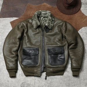 Veste en cuir véritable pour homme, en cuir de vachette pleine fleur brossé, style vintage années 1930, avec fausse fourrure à l'intérieur, veste en cuir d'hiver pour homme - Product Image 1