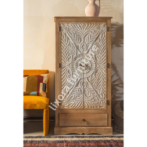 Luxury Handcrafted Solid Wood 2 Door <b>Wardrobe</b> Ornate Leaf Mandala Carving Natural Finish Armoire - Product Image 6