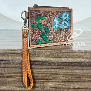 Custom Design Hand Tooled Genuine Leather Mini Wristlet Wallet Stylish Floral Cactus Zipper Closure Card <b>Holder</b> For Women - Product Image 1