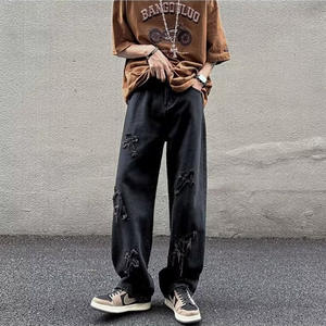 Jean slim noir de haute qualité pour homme, style motard à carreaux, éco-responsable, coupe évasée, motif 3D, décoration diamant, 100 % coton - Product Image 4