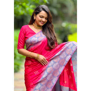 ผ้าซารีสีชมพูสดใสเนื้อผ้าไหมนุ่มลายดอกไม้ขอบประดับด้วยงานปักดิ้นทองสำหรับชุดราตรี - Product Image 2