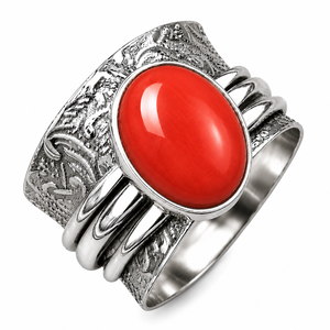 Manmade Coral <b>Ring</b> Vintage Wide Band Silver Plated Bohemian Jewelry - Product Image 1
