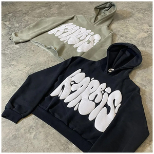 Hot Sale Streetwear Discount Price Sweatshirt Custom Design Puff Print Raw Hem Distressed Oversized Hoodies Low MOQ Pullovers - Product Image 4