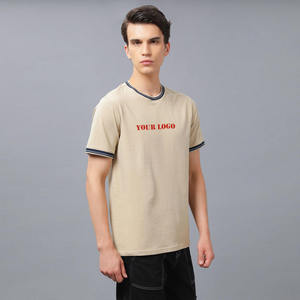 T-shirt décontracté pour homme, col rond, beige, manches courtes, bordure rayée, été, basique, personnalisable avec logo, OEM, ODM, vente en gros de vêtements - Product Image 1