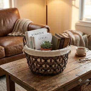 Plastic Round <b>Storage</b> Basket Wicker Organizer Bin with Cotton Liner Handmade Laundry <b>Hamper</b> for Home Bathroom - Product Image 5
