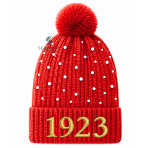 NSPDK Bonnet en tricot acrylique pour femme, brodé, orné de perles, avec pompon et revers côtelé, style décontracté, pour l'hiver - Product Image 1