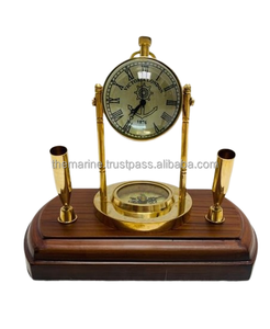 Handmade Designer Antique Brass <strong>Table</strong> Top Desk <strong>Clock</strong> Pen Holder <strong>With</strong> Wooden Base Best for Gift - Product Image 1