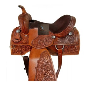 Western Tan Leather Floral And <b>Basket</b> Hand Tooled Barrel Racing Horse Saddle Metal Conchos Brown Suede Seat With Tack Set - Product Image 6