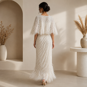 Luxury White Feather <b>Sequin</b> Embellished Evening Dress for Women Elegant V Neck Beaded Draped Maxi Gown for Wedding Party Formal - Product Image 3