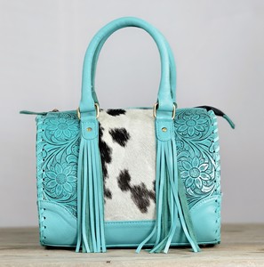 Turquoise 100% Genuine <b>Leather</b> Speedy Duffle Handbag With Cowhide Panel Floral <b>Tooling</b> And Tassel Fringes Sky Blue & White Color - Product Image 2
