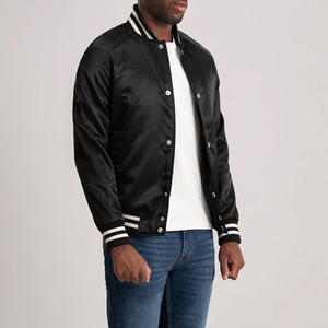 Blouson bomber en satin noir pour homme avec bordure blanche Coupe classique Style décontracté Vêtement d'automne - Product Image 3