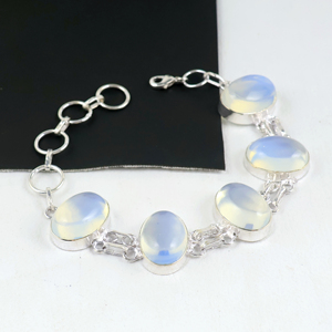 Bracelet à maillons en opalite naturelle ovale, plaqué argent sterling 925, fait main, bijoux tendance pour femme - Product Image 2