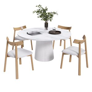 Set da Pranzo Moderno in Stile Fattoria con Tavolo Rotondo in MDF da 47 Pollici per 4 Persone, con Sedie in Legno Massello e Piano in Marmo Modello V Rosso per Ville - Product Image 3