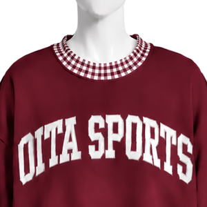 Sweat-shirt à col rond surdimensionné pour homme, couleur bordeaux, avec bordure à carreaux, manches longues, imprimé graphique, pull décontracté, streetwear - Product Image 3