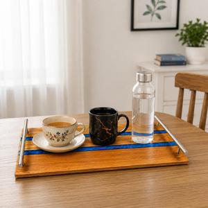 Magnifique plateau de service rectangulaire en bois pour la maison, avec incrustation en résine bleue, finition vernie, design minimaliste, pour la rangement de vaisselle >501ml - Product Image 3