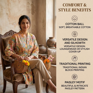 Kimono Premium de Algodón Beige con Estampado Paisley |   Bata de dormir de manga larga con cuello en V para mujer |   Ropa de estar por casa de alta calidad, sostenible y de diseño excepcional - Product Image 2