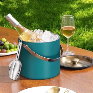 Cubo de hielo redondo de acero inoxidable color verde azulado con tapa y cuchara, resistente al óxido, enfriador de bebidas moderno para fiestas - Product Image 5