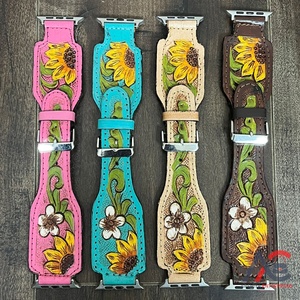2026 Women Fashionable Hand <b>Tooled</b> Genuine Leather <b>Watch</b> Band Retro Style Sunflower Design Breathable Smart <b>Watch</b> <b>Strap</b> for Gift - Product Image 1