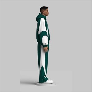 Chándal Deportivo Extra Grande de Felpa de Algodón Verde con Paneles Blancos para Hombre - Product Image 3