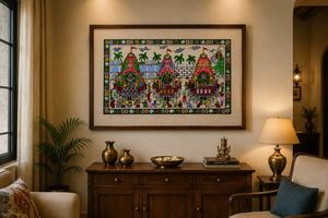 Œuvre d'art artisanale traditionnelle, peinture Pattachitra représentant la Yatra de Jagannath, pour décoration murale intérieure dans le salon. - Product Image 2