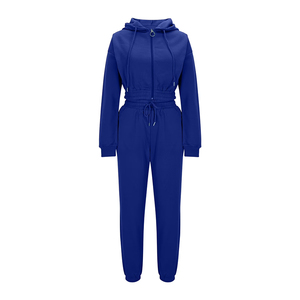 Survêtement à capuche pour femmes, manches longues, couleur bleu foncé, fermeture éclair sur le devant, ensemble de jogging décontracté avec poches latérales, vêtements d'automne - Product Image 1