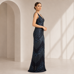 Luxury <b>Art</b> Deco Beaded Fringe Evening Gown for Women | Deep V Neck Sleeveless Formal Party Dress Elegant Prom Wedding Reception - Product Image 4
