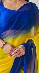 Sari de poliéster elegante con degradado azul y amarillo de AARA Fashion para mujer, ideal para Diwali, bodas, protección solar, largo hasta el suelo, corte regular, India. - Product Image 2
