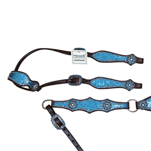 Ensemble de têtière en cuir Western avec conchos en strass bleu sarcelle à grosses paillettes scintillantes - Confortable et durable - Product Image 3