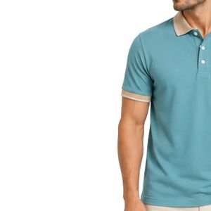 Camiseta Polo Personalizada Azul Cielo y Beige para Hombre, Manga Corta, Informal, para Golf, OEM, Marca Privada, Transpirable, Uniforme, Venta al Por Mayor - Product Image 3