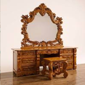 Elegant <b>gold</b> carved wooden <b>dressing</b> <b>table</b> set featuring an oval mirror and drawers, available at wholesale prices. - Product Image 5
