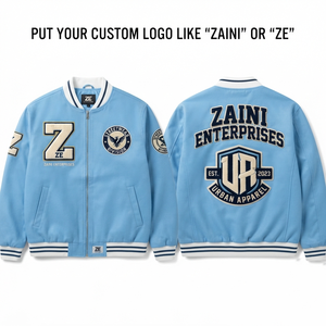 เสื้อแจ็คเก็ตบอมเบอร์โพลีเอสเตอร์พรีเมียม 300 GSM ปักลายเชนิลล์แบบกำหนดเอง สีฟ้าอ่อน ขอบริบสีขาว - Product Image 1