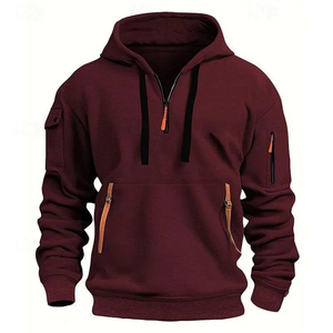 <b>Men's</b> <b>Burgundy</b> Quarter Zip <b>Hoodie</b> Regular Fit Solid Color Casual Knitted Sweatshirt with Pockets Autumn Wear - Product Image 1