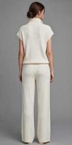<b>Womens</b> Lightweight 2 in 1 Ribbed Knit Zip Polo Tracksuit Set Short Sleeve Top Wide Leg <b>Pants</b> <b>Lounge</b> Outfit - Product Image 3