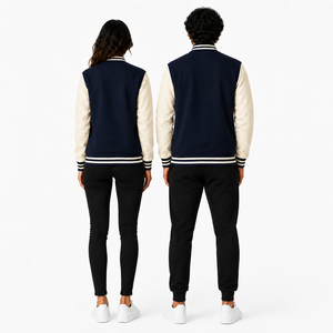 Chaqueta Varsity Unisex Azul Marino de Lana, Cortavientos, con Cuello Alto, Logotipo Frontal, Estilo Casual, Cierre de Botones Cubiertos, Corte Regular, para Invierno - Product Image 2