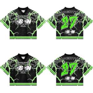 Camiseta de fútbol americano para hombre de tela premium, estilo streetwear personalizado, corte holgado y corto, con diseño de logotipo bordado impreso y malla. - Product Image 2